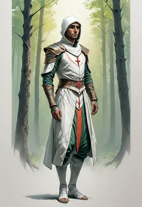 a man in a white outfit standing in the woods