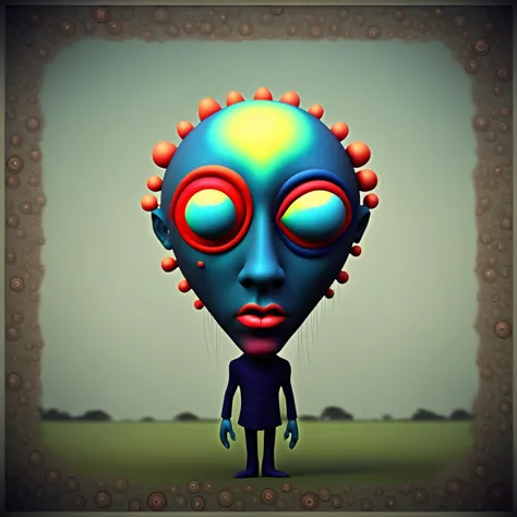 cartoon alien with red eyes and blue hair standing in a field