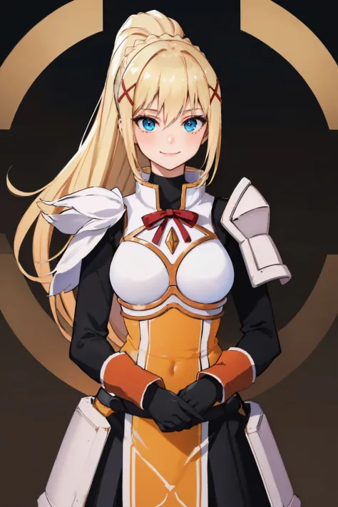 (masterpiece, best quality:1.2), solo, 1girl, ksdarkness, smile, looking at viewer, ponytail, x hair ornament, armor, shoulder armor, bodysuit, black gloves 