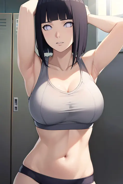 masterpiece, absurdres , (intricate details), (colorful),cinematic lighting,bust shot,extremely detailed CG unity 8k wallpaper ,hinata\(boruto\), 1girl, solo,mature female, arm up, looking at viewer, sports bra, locker room,cowboy shot, 