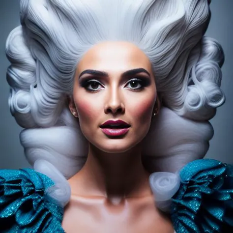 a close up of a woman with a very large white hair