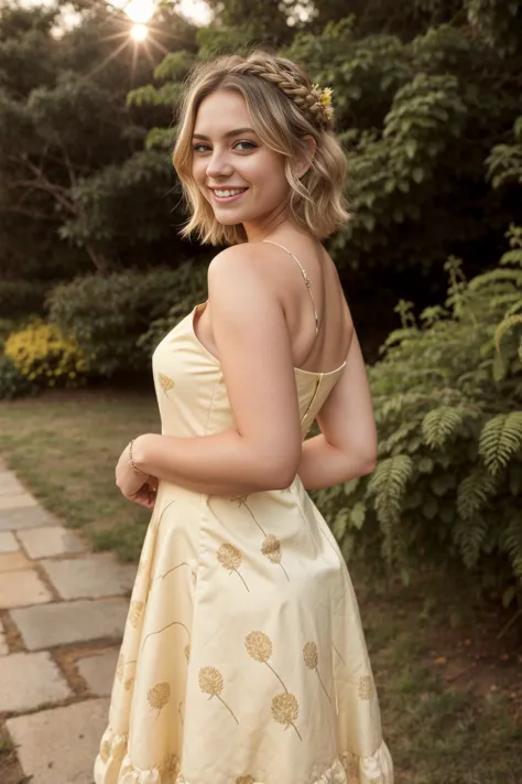 lifestyle capture of nature shot with a 2 woman, smile, standing, Barley Blonde  Dynamic layered bob hair,  in a Baby Yellow ballgowndress , outdoors at sunset . Outdoors, greenery, natural light, fresh. 50mm lens, f/2.8, candid, vibrant colors