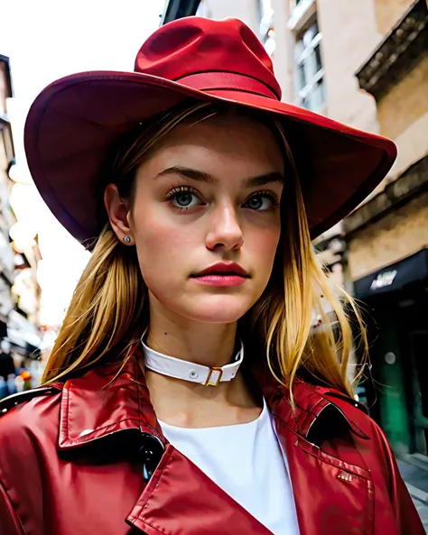 Chz-WillowH, (((meticulously-detailed, Ultra-HD-realistic))), close-up, RAW photo, of 1girl as a real-life Carmen Sandiego, international boss villainess, (red-trench-coat, collar up, red-fedora:1.3), standing on a dark street corner in Prague, kind of easy to find, evening, looking at viewer, Is it too easy?, (perfect eyes, masterpiece, best quality:1.5), blonde,