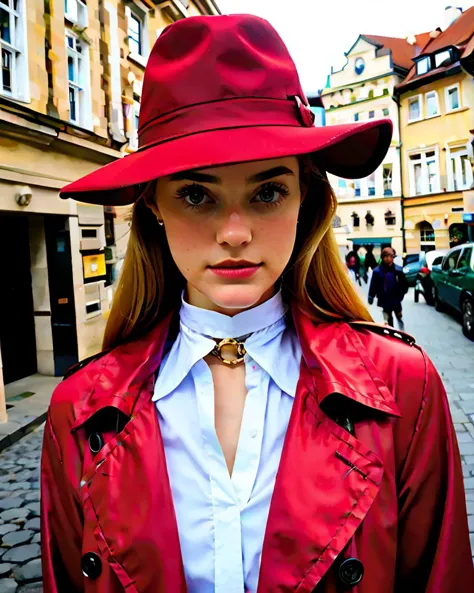 Chz-WillowH, (((meticulously-detailed, Ultra-HD-realistic))), close-up, RAW photo, of 1girl as a real-life Carmen Sandiego, international boss villainess, (red-trench-coat, collar up, red-fedora:1.3), standing on a dark street corner in Prague, kind of easy to find, evening, looking at viewer, Is it too easy?, (perfect eyes, masterpiece, best quality:1.5), blonde,