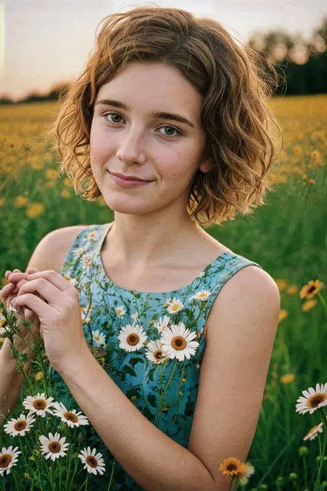(candid:1.1) photograph of a pretty young girl  (meticulously:0.9) picking different wildflowers, (pixie cut:0.8), (short hair:1...