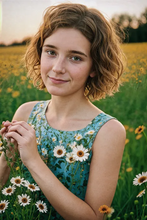 (candid:1.1) photograph oF a pretty young girl  (meticulosamente:0.9) picking diFFerent wildFbaixoers, (corte de duende:0.8), (cabelo curto:1.1), Prado, 1970s, verão (noite:1.1), ([pacote|ramalhete] oF assorted wildFbaixoers:1.2), (nostálgico, Nostalgia:1.3), (Focused attention:0.9), (verão dress:1.1), (Sorriso gentil:0.7), (hora de ouro:1.2), Fields oF daisies and poppies, textura de grão sutil, (soFt Focus:1.1), tranquilo, idílico, peaceFul, 800 para porta Kodak, Kodachrome Film aesthetic, (crepúsculo:1.1), foto analógica, cores suaves, (shalbaixo depth oF Field:1.1), cinematic, (Faded:0.7), F/1.2, (alto [grama|plantas|arbustos|Fbaixoers|vegetação rasteira]:1.2), (empurrado para iso:1.2), melancólico, baixo [ângulo|perspectiva], blurry Foreground, Bokeh  , (baixo ângulo shot, enfatiza a escala:1.2)