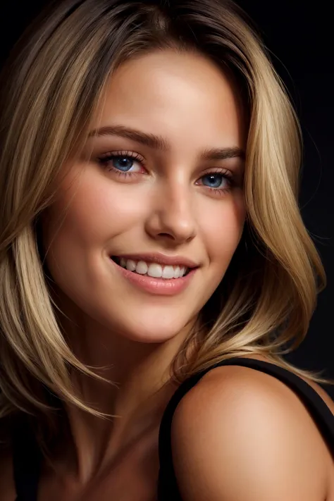 a closeup dark upper body shot photo of a blonde with perfect eyes, smile,<lora:epi_noiseoffset2:0.8> dark background