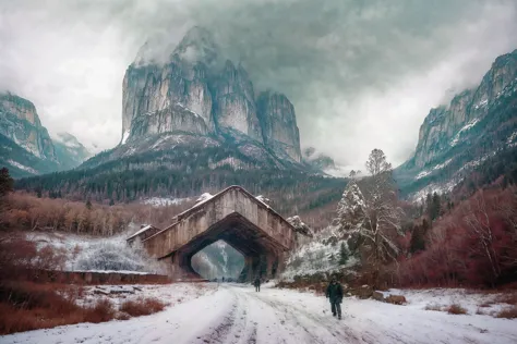 pessoas caminhando à distância na neve, enorme e misterioso (estruturas de pedra:1.2) erguendo-se acima das árvores na encosta de uma floresta coberta (Paisagem montanhosa:1.1) na Tasmânia, esquecido, paisagem deslumbrante, 8K, (obra de arte:0.8), profundidade incrível, Natureza bela, Muito detalhado, (cinematic:1.1) , sombrio, sombrio, fog, cores suaves, estranho, picos gêmeos, estátuas, Surreal, composição, regra dos terços, Hasselblad, mamãe, rural, desolado 