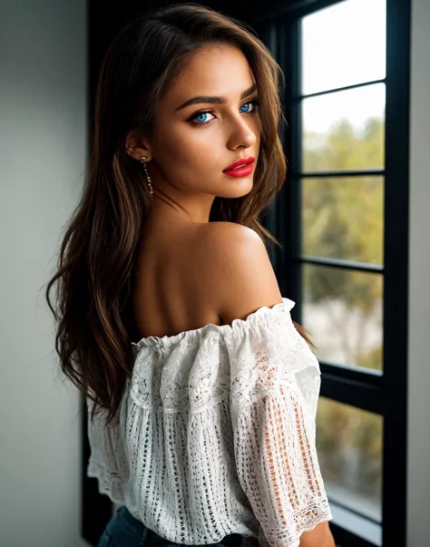 HDR photo of beautiful young woman, from behind, looking over her shoulder, perfect eyes, highly detailed beautiful expressive e...