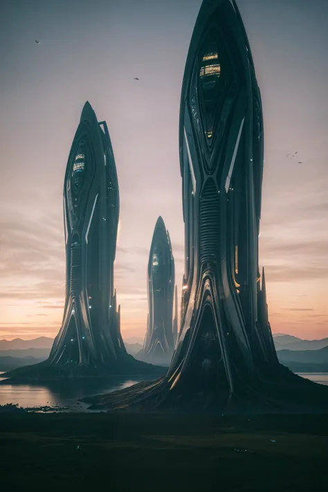 (surreal:1.4),an alien world,(many strange creatures:1.3),multiple futuristic buildings,by Simon Stalenhag,photorealistic,cinema...