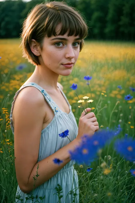 (candid:1.1) photograph of a pretty (young:1.1) girl (meticulously:0.8) picking different wildflowers, (pixie cut:0.9), short ha...
