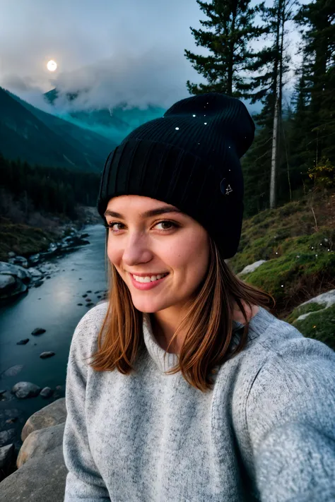 photograph, photo of beautiful woman, selfie, upper body, solo, wearing pullover, outdoors, (night), mountains, real life nature...