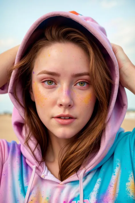 beautiful American college woman, wearing hoodie, looking at viewer, holi color festival, portrait, hyper detailed <lora:epi_noi...