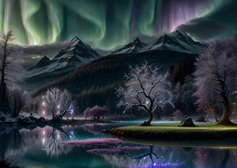 Stunning ethereal fantasy scenery of a mystical lake reflecting the auroras, magical glowing willow wisps dancing above the stil...