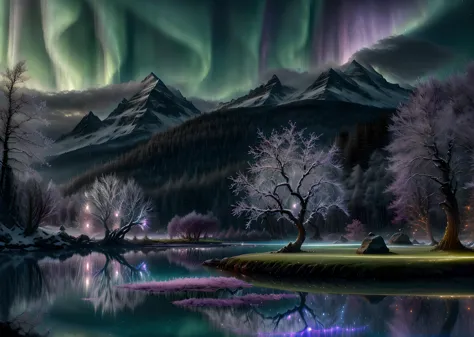 Stunning ethereal fantasy scenery of a mystical lake reflecting the auroras, magical glowing willow wisps dancing above the still water surface, towering snow-capped mountains in the background, enchanted glowing mushrooms and mossy boulders lining the shore, concept art by Justin Gerard, Stephanie Law, trending on ArtStation, photorealistic render, 8K, Unreal Engine 5, volumetric lighting <lora:kVoidEnergy:1> <lora:more_details:1>