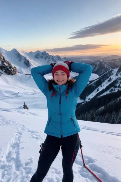 1. Female mountain climber (ethnicity: Caucasian, age: 30s) at the peak of a snow-covered mountain (setting: majestic, sunrise)....