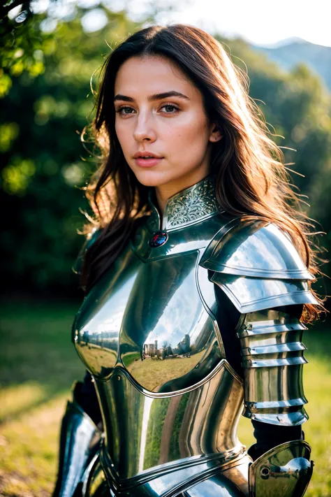 (masterpiece), (extremely intricate:1.3),, (realistic), portrait of a girl, the most beautiful in the world, (medieval armor), metal reflections, upper body, outdoors, intense sunlight, far away castle, professional photograph of a stunning woman detailed, sharp focus, dramatic, award winning, cinematic lighting, octane render, unreal engine, volumetrics dtx, (film grain, bokeh, blurry foreground, blurry background), crest on chest