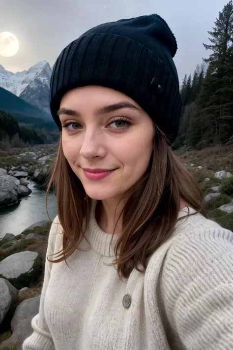 photograph, photo of beautiful woman, selfie, upper body, solo, wearing pullover, outdoors, (night), mountains, real life nature, stars, moon, cheerful, happy, gloves, sweater, beanie, forest, rocks, river, wood, smoke, fog, looking at viewer, skin texture, photo grain, close up, RAW photo