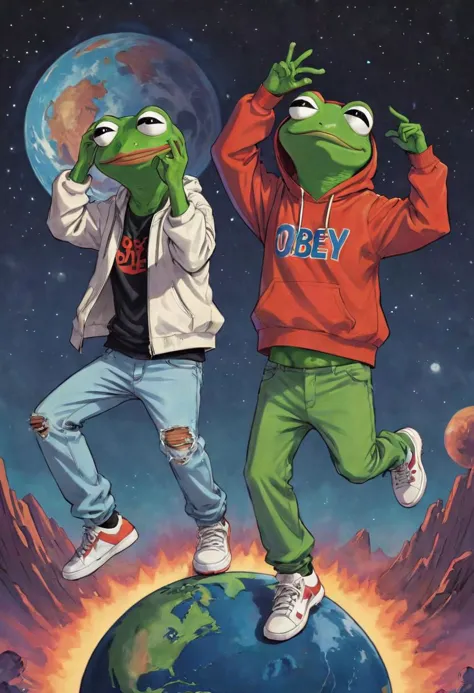 Text Obey, pepe_frog Bill & Ted Dancing on a planet, 90s Hip Hop clothes