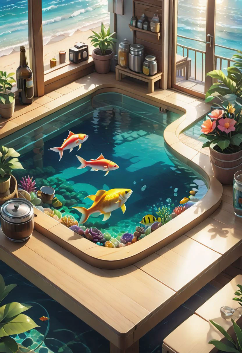 (masterpiece), realistic lighting,vivid colour,ultra sharp, 1.2), (masterpiece, best quality:1.3, 3d, highres, ultra-detailed, 8k, 85mm, centered, tilt shift, iso_shop, (isometric:1.3), food, bottle, ocean, water, fish, cooking, cutting board, (small details), (extremely detailed), [hyperrealistic:0.2], bloom, (colorful), [[[sky]]], (sign:1.2), fish shop, vivid, (UHDR), sunlight, (tropical), cute, [pastel colors], vivid, cinematic, [film grain:0.7], [table, chair], [small decorations], [beer:0.5], [bowl], [flower:0.4], multicolored theme, natural lighting, dreamy, reflection, water, nature
score_9, score_8_up, score_7_up, score_6_up,source_anime, realistic illustration, intricate details, hyperdetailed, extremely sharp,4k, (Kairunoburogu, by neocoill:0.5),isometric style