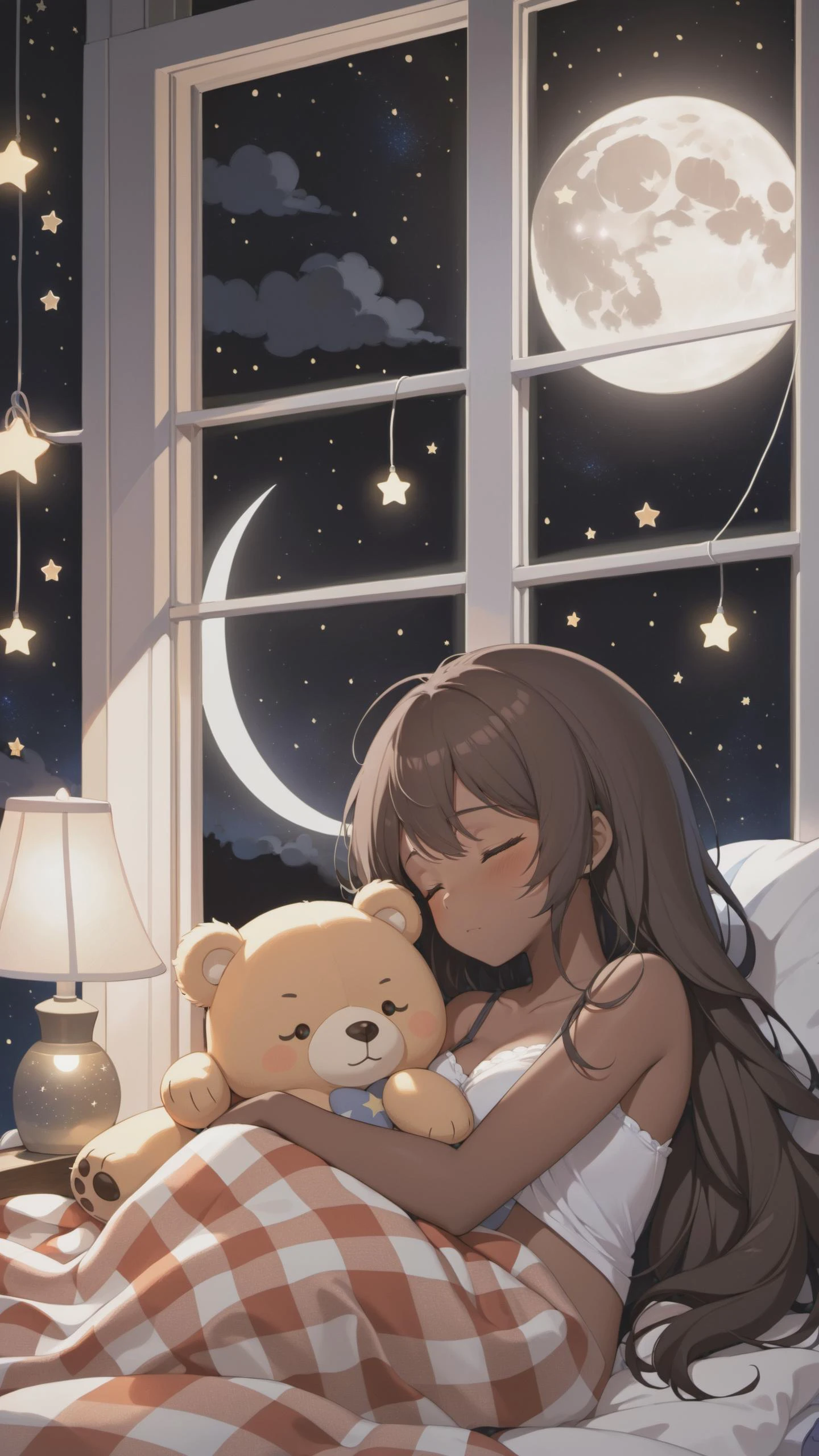 Chica anime, cute  durmiendo comfortably on a bed, cubierto con una manta, Peluche, Luces de cadena en la pared, ventana, Ambiente acogedor y reconfortante, Noche, preguntarse, pixiv, perfect Chica anime, Negro Piel Oscura, hermosas manos, durmiendo, moon and stars outside ventana, (pecho mediano), manos perfectas, oso de peluche, aura magica