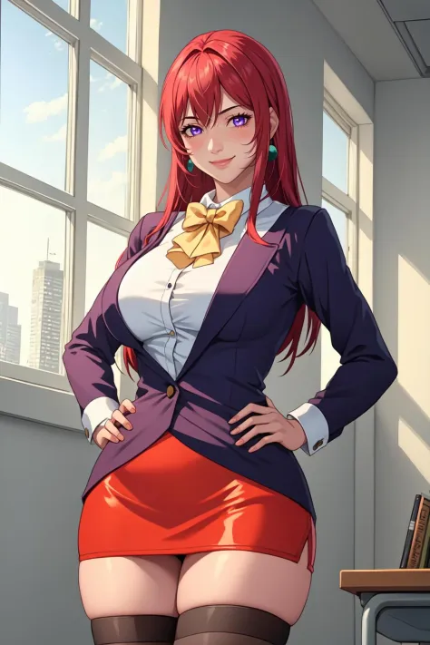 (high quality:1.2), intricate detailed, digital art,
TakashiroHiroko, 1girl, mature female, solo, hands on hips, cowboy shot,
looking at viewer, smile, blush,
purple eyes, long hair, red hair, earrings, jewelry, 
teacher, blouse, bowtie, blazer, pencil skirt, thighhighs, 
curvy, large breasts,
school, window, sky, sunlight, city
<lora:TakashiroHirokoV2:1>