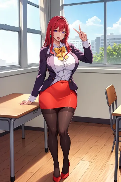 (high quality:1.2), intricate detailed, digital art,
TakashiroHiroko, 1girl, mature female, solo, standing near desk, holding pointer, pointing at desk, full body,
looking at viewer, determined, talking, (open mouth:0.8),
purple eyes, long hair, red hair, ...