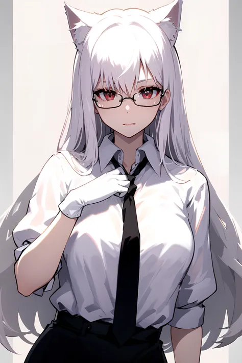 anime girl with white hair and glasses wearing a black tie