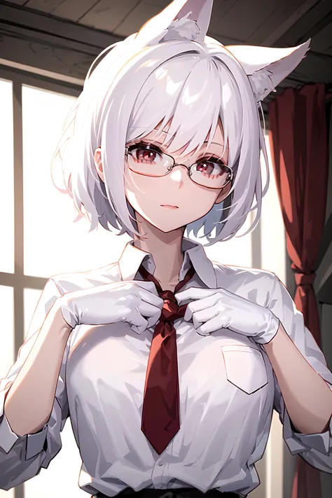 masterpiece, best quality, 1girl, white hair, short hair, white cat ears, collared shirt, nectie, adjusting necktie, white gloves, red eyes, glasses, <lora:Saya-adjusting necktie:0.9>