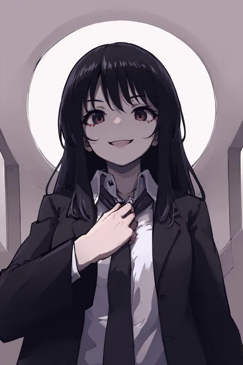 1girl, adjusting necktie,collared shirt, smile, dark persona, from below, <lora:Saya-adjusting necktie:1><lora:Saya-dark persona:1>