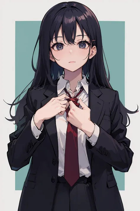 anime girl in a suit tying a tie