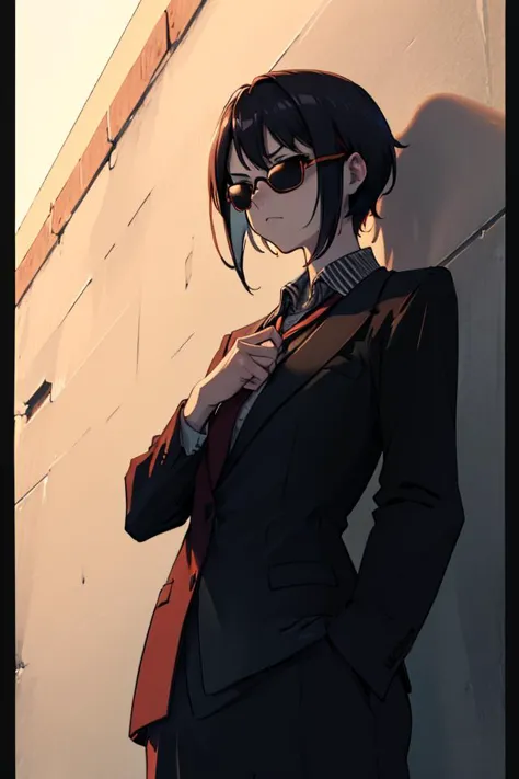 anime girl in a suit and sunglasses standing against a wall