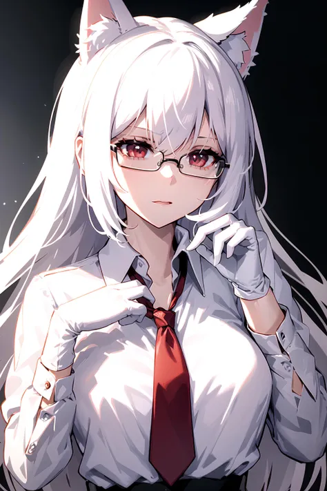 masterpiece, best quality, 1girl, white hair, white cat ears, collared shirt, nectie, adjusting necktie, white gloves, red eyes, glasses, <lora:Saya-adjusting necktie:0.9>