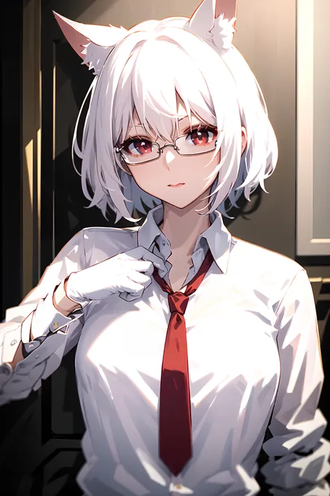 anime character with white hair and glasses wearing a red tie