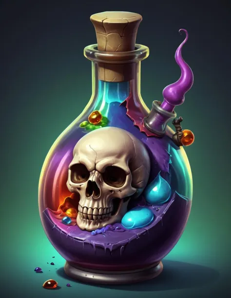 <lora:FF_Potion_Generator:1> a skull in a bottle with colorful liquid, painting of one health potion, colorful concept art, potion of healing, potion, fantasy game art style, colorfull illustration, magic potions, concept art design illustration, alchemy c...