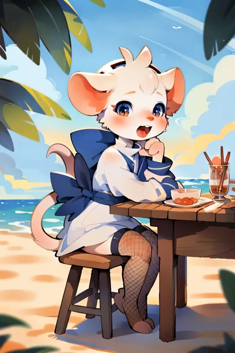 a cartoon mouse girl sitting at a table with a plate of food