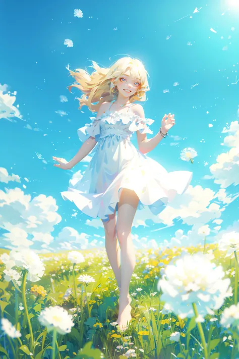 ((best quality, masterpiece, absurdres, super-resolution)) 1girl, close-up, (wind blowing hair), hair flying, blonde long hair, big smile, movements, (windy), strong wind, strong breeze, white sundress, bare shoulder, barefoot, flying dandelion, zb spring, <lora:springreal:0.7>, zhiyu, <lora:cure v1:0.1> ,from above, floating in the air, leg up, <lora:floating_in_the_air:0.8>, <lora:gufeng:0.6>