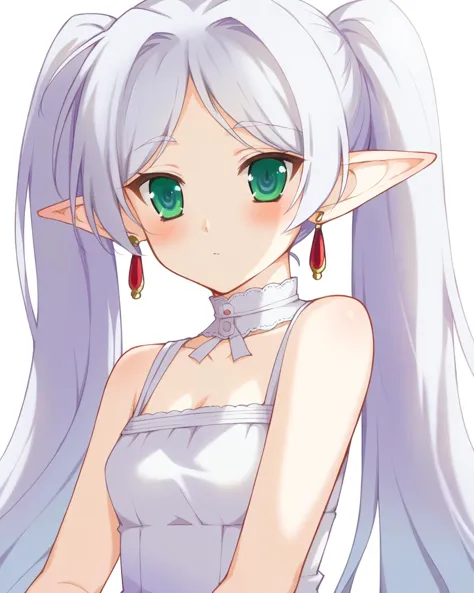 anime girl with long white hair and green eyes