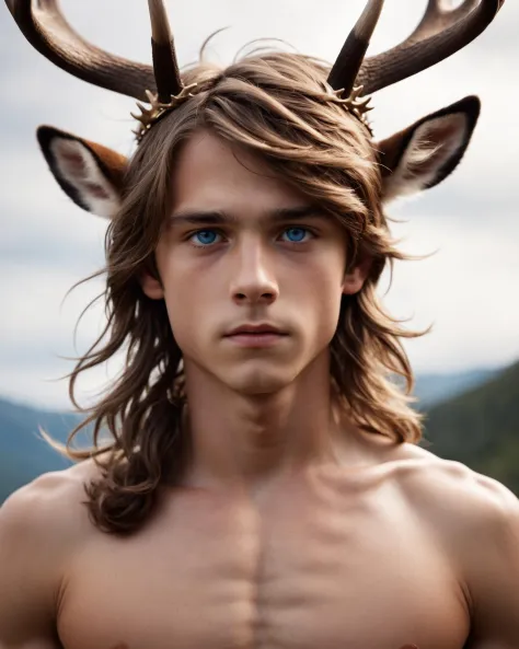 breathtaking cinematic film still 1boy, animal ears, antlers, blue eyes, horns, light brown hair, long hair, mattaku mousuke, nu...