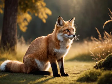 breathtaking cinematic film still :3, animal focus, cat, chimera, fox, from side, full body, highres, looking at viewer, origina...