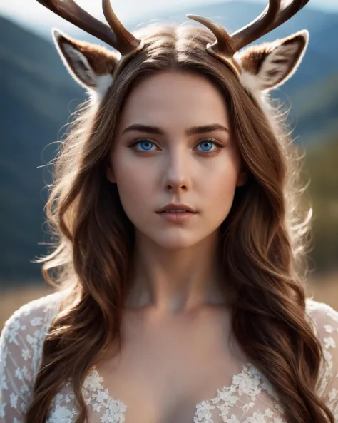 breathtaking cinematic film still 1girl, animal ears, antlers, blue eyes, horns, light brown hair, long hair, mattaku mousuke, nude, original, simple background, solo, upper body, watermark, white background, shallow depth of field, vignette, highly detailed, high budget Hollywood film, bokeh, cinemascope, moody, epic, gorgeous, film grain, masterpiece, award-winning, professional, highly detailed