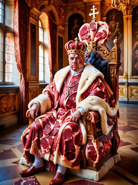 ral-rawmeat, An amusing portrait of a king whose royal robes and crown are made entirely of marbled raw meat, seated on a throne...