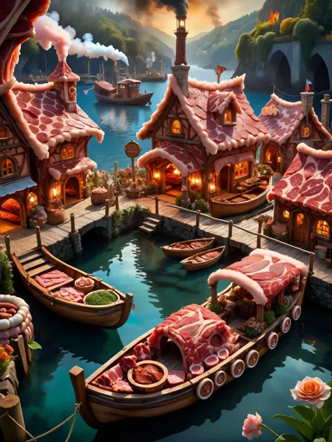 ral-rawmeat, A whimsical scene of a ral-rawmeat fairy village, with tiny habor, tiny fishing boats, a lighthouse, houses, ale ho...