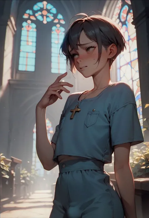 a woman in a blue top and shorts standing in a church