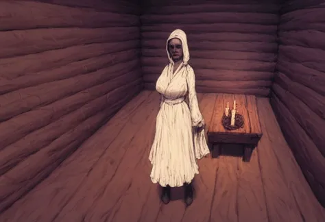 score_9, score_8_up, score_7_up, solo, female, big breasts, (1girl:1.5), hand, white robe, old cabin interior, candle, ray of light, table, (potets:1.6), standing, full body