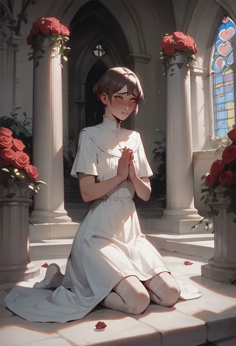 score_9, score_8_up, score_7_up, rating_explicit, 1boy, femboy, beautiful eyes, relaxed, embarrassed, short tunic, stockings, short hair, praying, on the knees, church village background, rose garden, pillars,