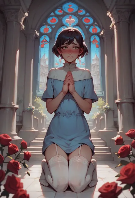 a woman sitting on a floor in front of a church with roses