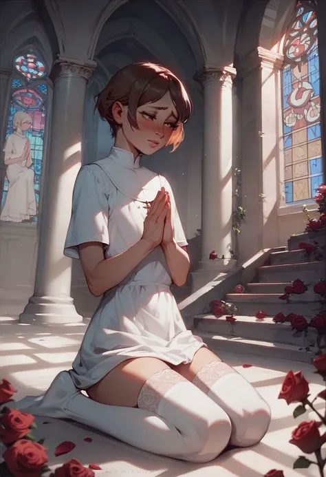 score_9, score_8_up, score_7_up, rating_explicit, femboy, beautiful eyes, relaxed, (blush, embarrassed:0.5), short tunic, stockings, short hair, praying, on the knees, church village background, rose garden, pillars,