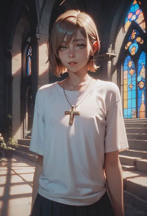 a woman standing in front of a church with a cross on her necklace