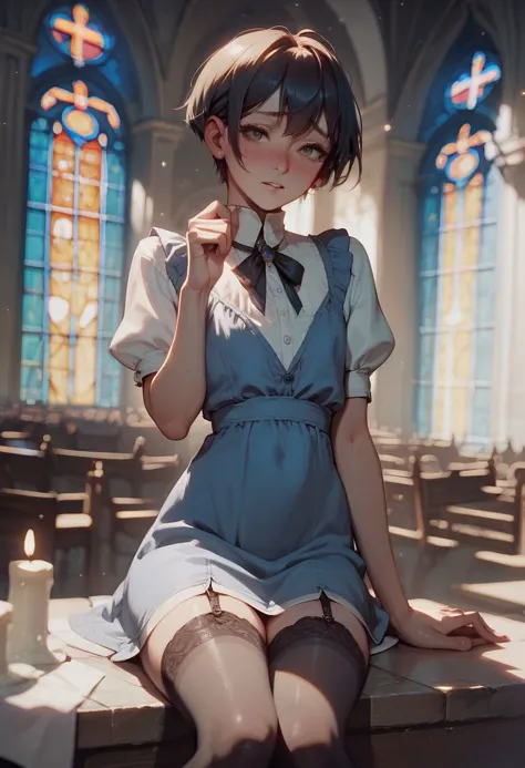 anime girl sitting on a bench in a church with a candle